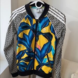 Adidas Blue and Yellow Leaf Print Jacket